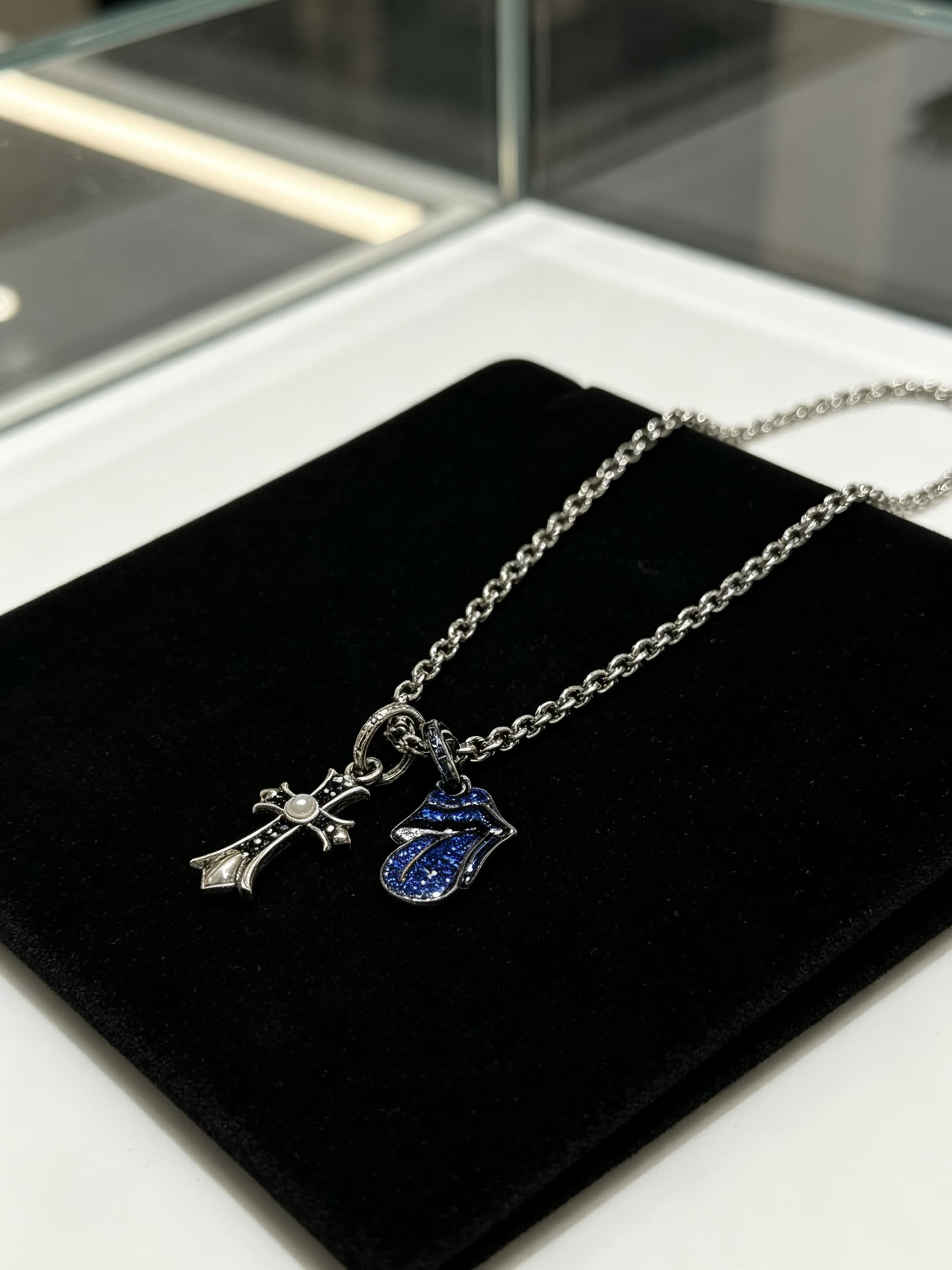 Chrome Hearts Silver Cross and Blue Enamel Charm Necklace